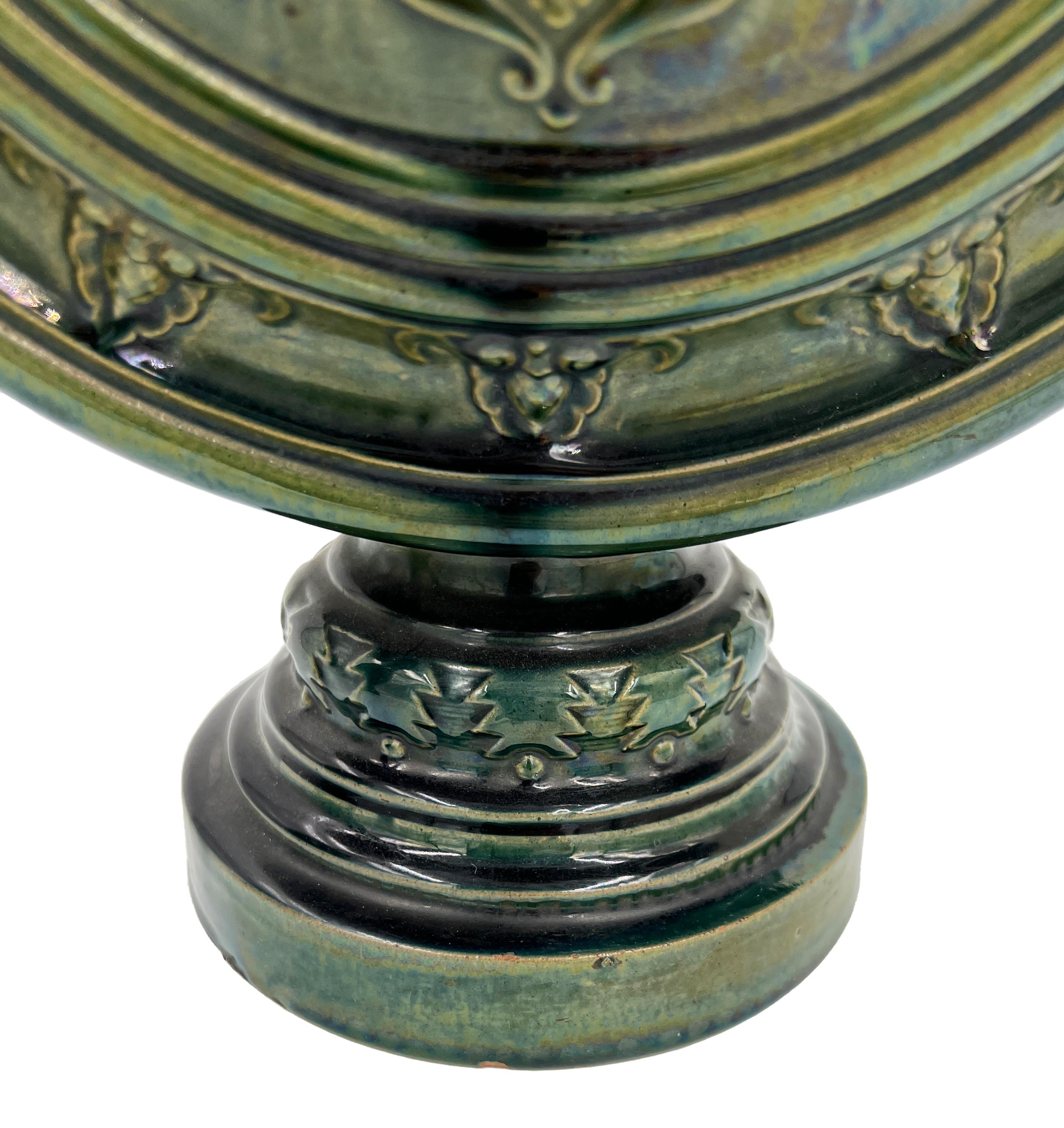 Pair of Green Hispano-Moresque Glazed Ceramic Candlesticks/Vases, 19th Century For Sale 1