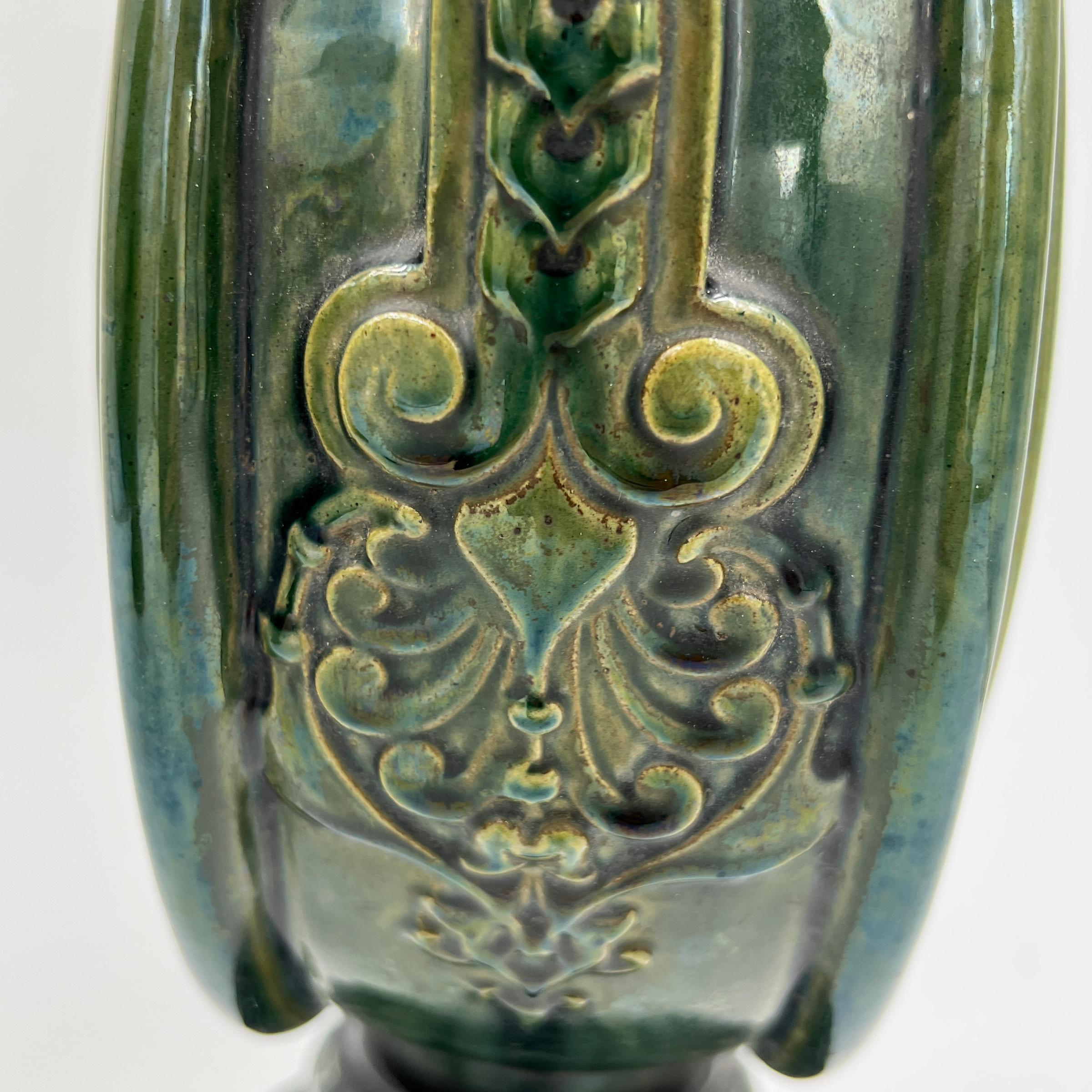 Pair of Green Hispano-Moresque Glazed Ceramic Candlesticks/Vases, 19th Century For Sale 2