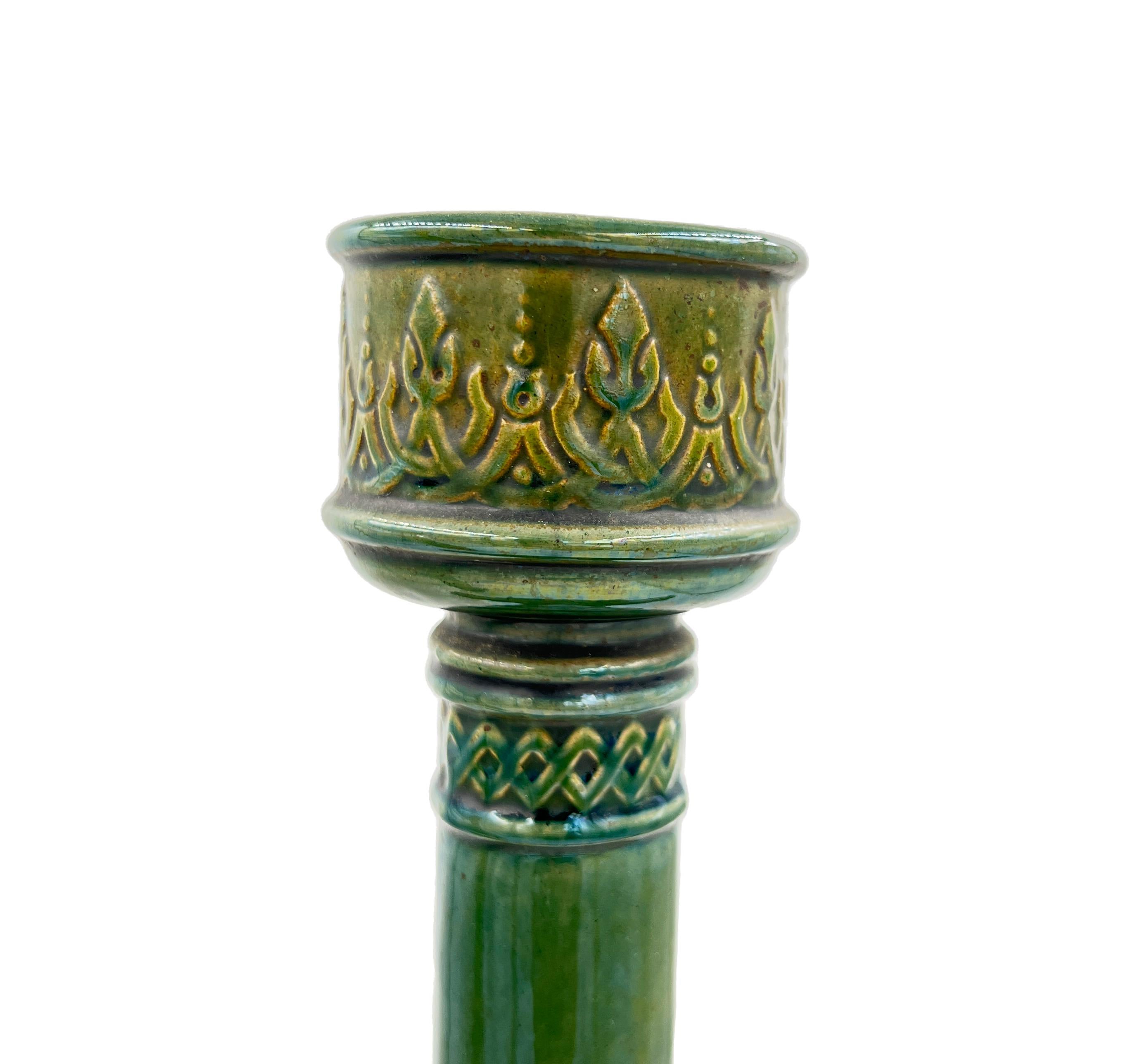 Pair of Green Hispano-Moresque Glazed Ceramic Candlesticks/Vases, 19th Century For Sale 3