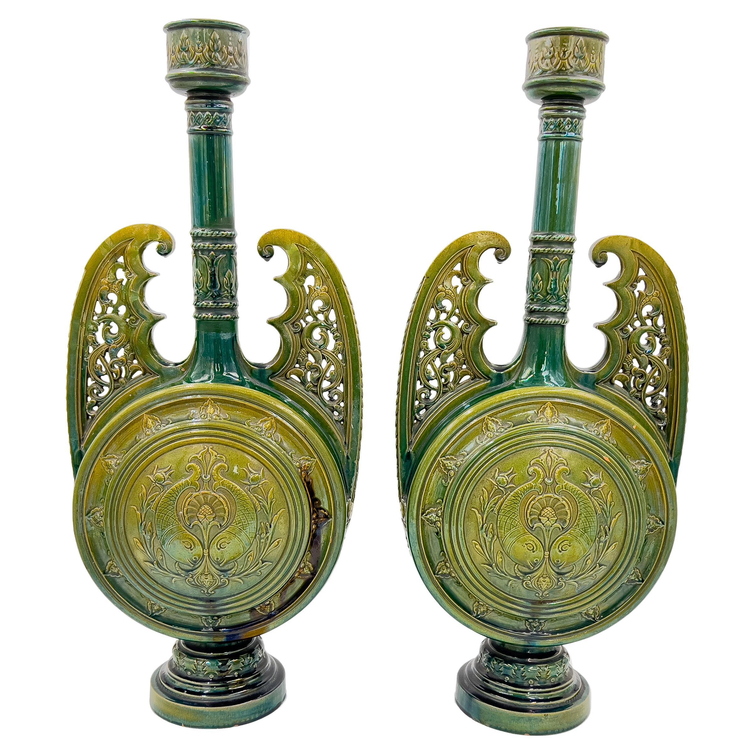 Pair of Green Hispano-Moresque Glazed Ceramic Candlesticks/Vases, 19th Century For Sale