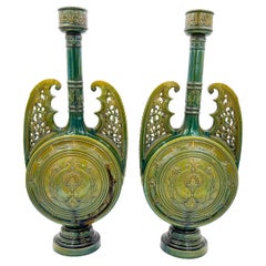Antique Pair of Green Hispano-Moresque Glazed Ceramic Candlesticks/Vases, 19th Century