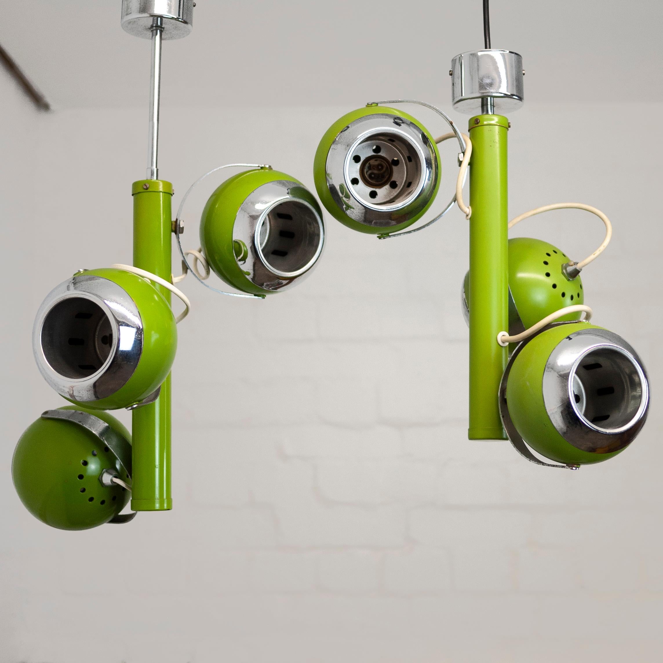 Space Age Pair of Green Italian Eye Ball Pendant Lamps, 1970s For Sale