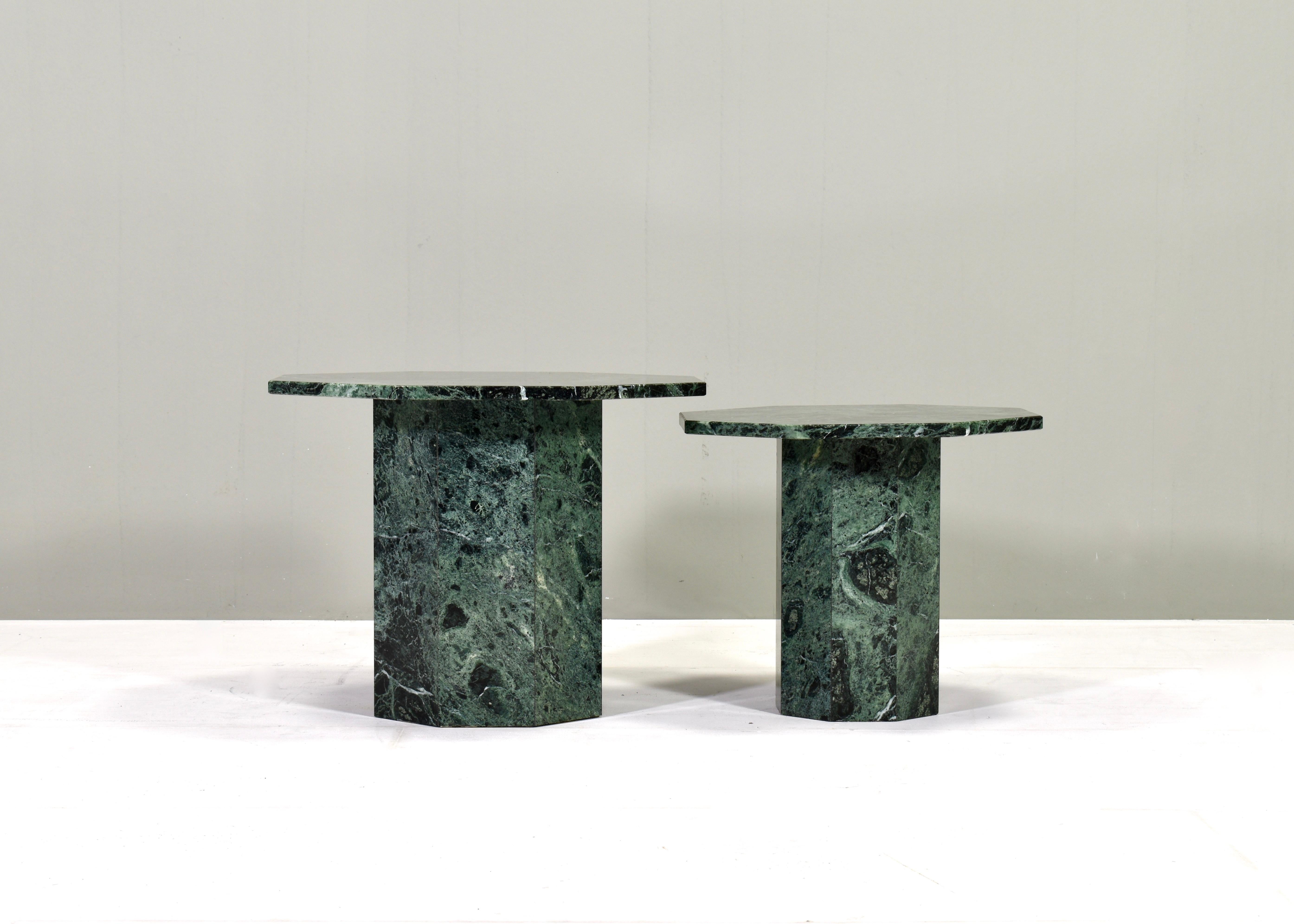 Pair of green Italian marble coffee / side tables, circa 1970.

Designer: Unknown
Manufacturer: Unknown
Country: Italy
Model: Coffee / side tables
Design period: 1970’s
Date of manufacturing: circa 1970
Size wdh in cm: 
Small table: ø52x43