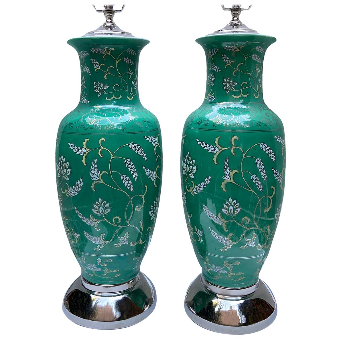 Pair of Green Italian Porcelain Lamps For Sale