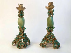 Pair of Green Jade Candlesticks with Gilt Bronze, 1960s
