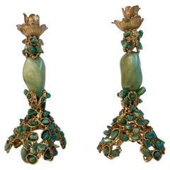 Vintage Pair of Green Jade Candlesticks with Gilt Bronze, 1960s