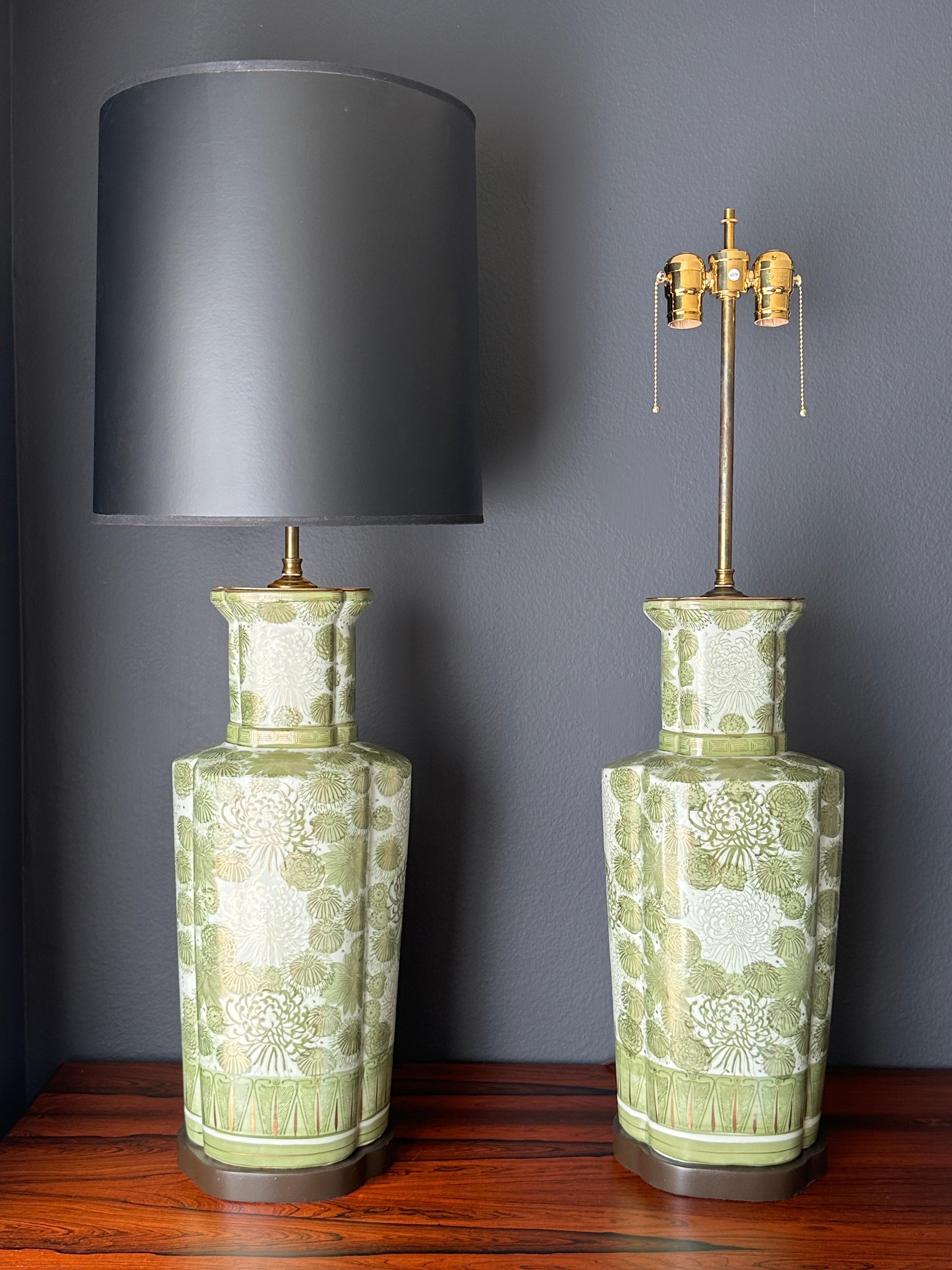 Pair of Japanese green porcelain Chinoiserie motif lamps for Marbro Lighting Co.
Requires two up to 60watt bulbs.