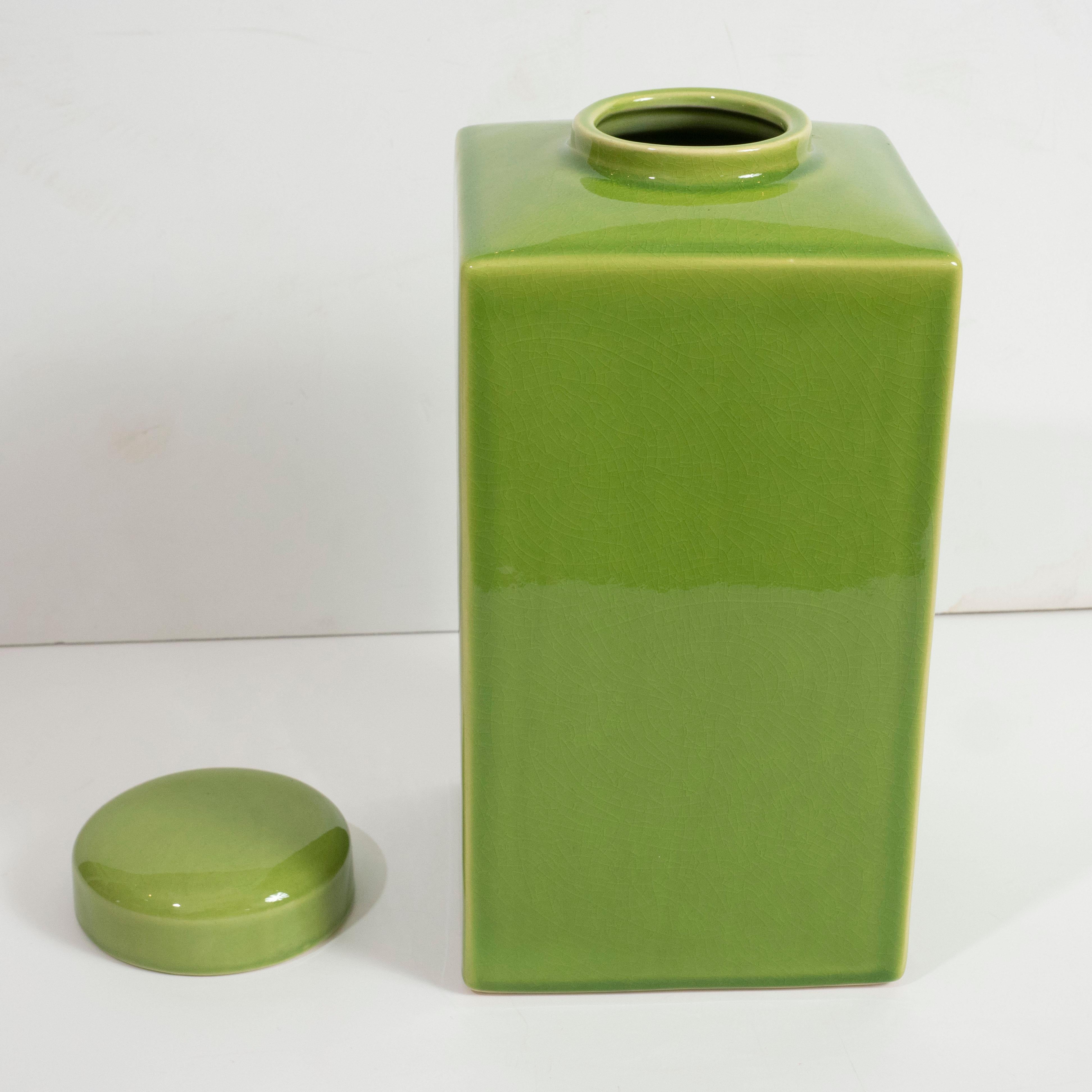 Contemporary Pair of Green Jars with Lids