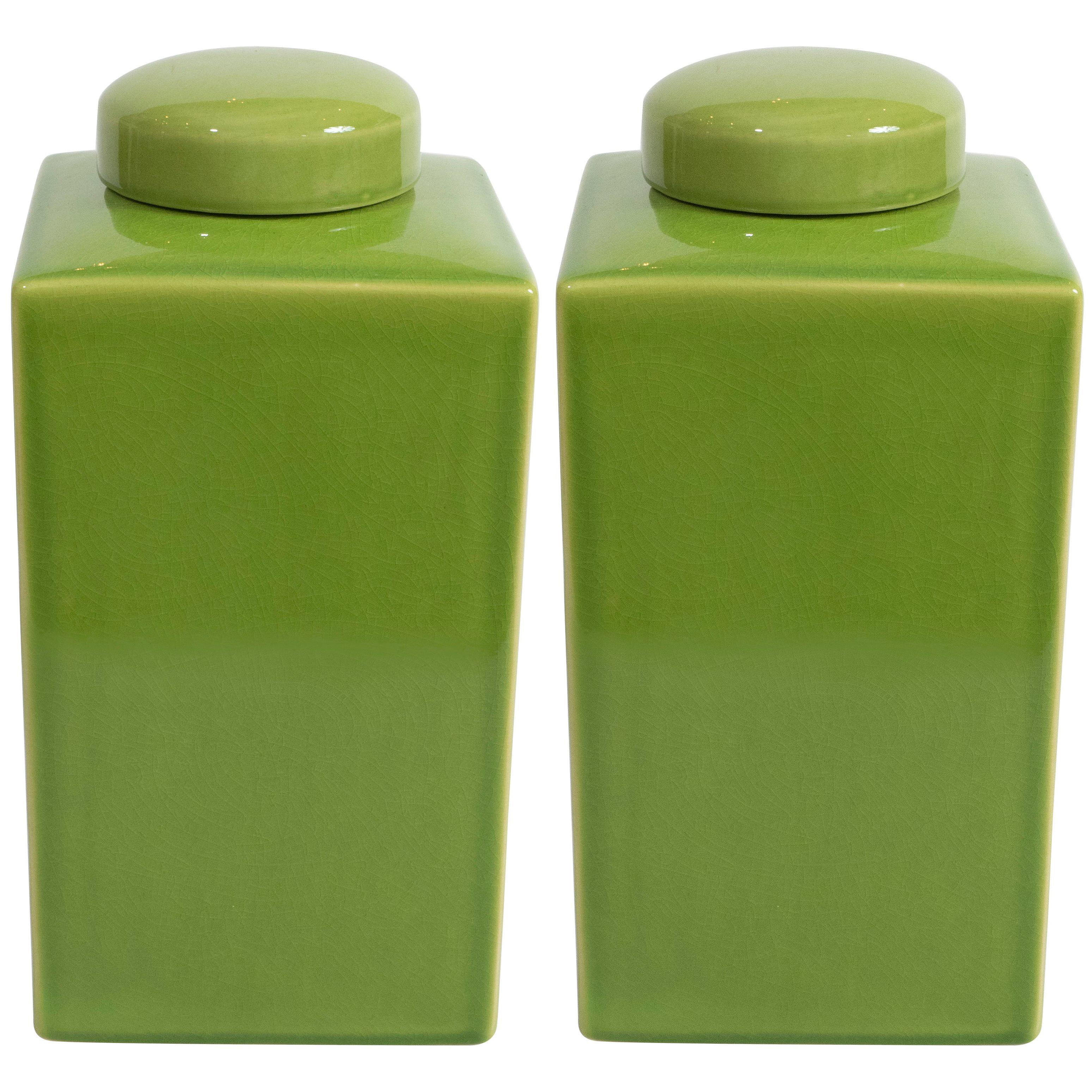 Pair of Green Jars with Lids