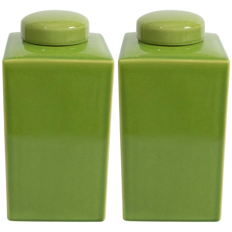Pair of Green Jars with Lids For Sale at 1stdibs