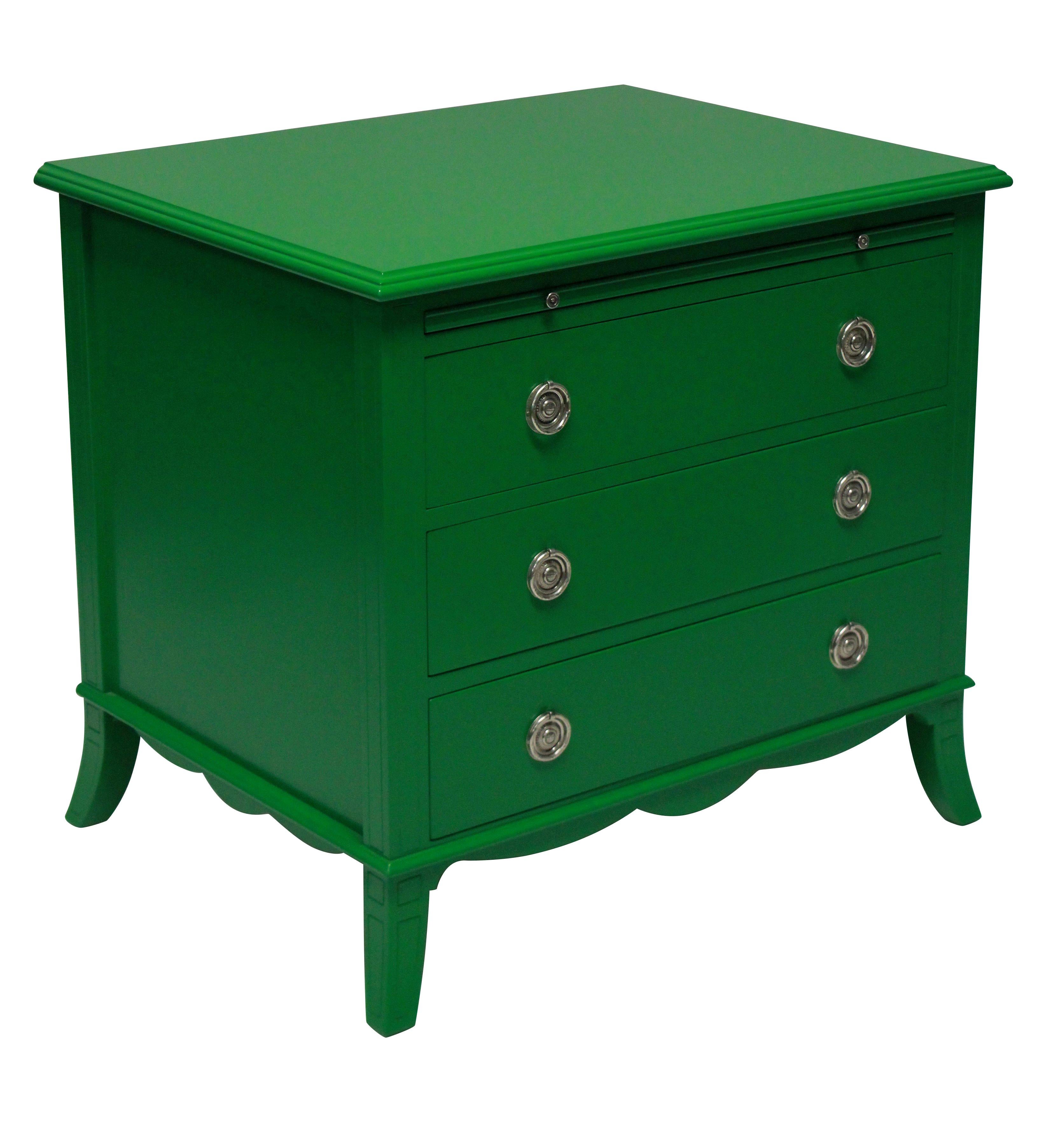 A pair of chests in green lacquer in the manner of Dorothy Draper, each with three drawers and a deep leather brushing slide. The handles of silver plate and good quality.

  