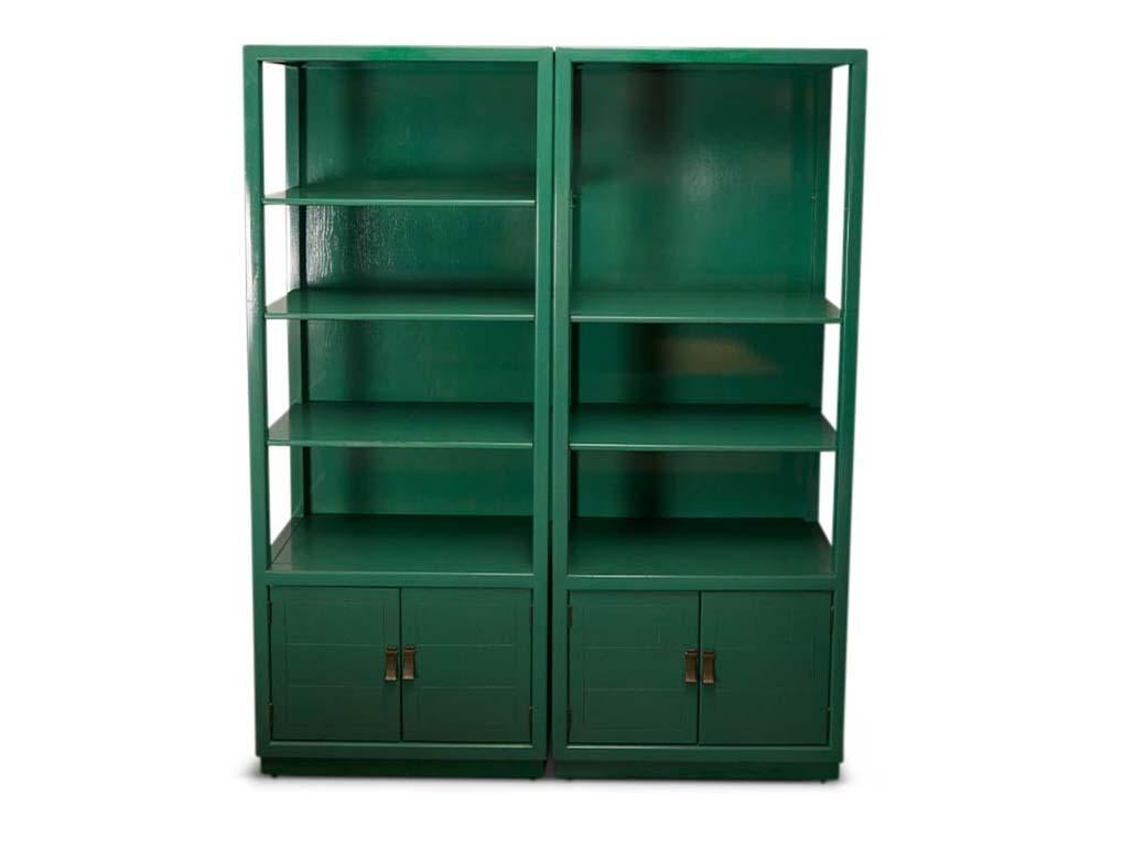 Pair of green lacquered Etagere cabinets by Century furniture.