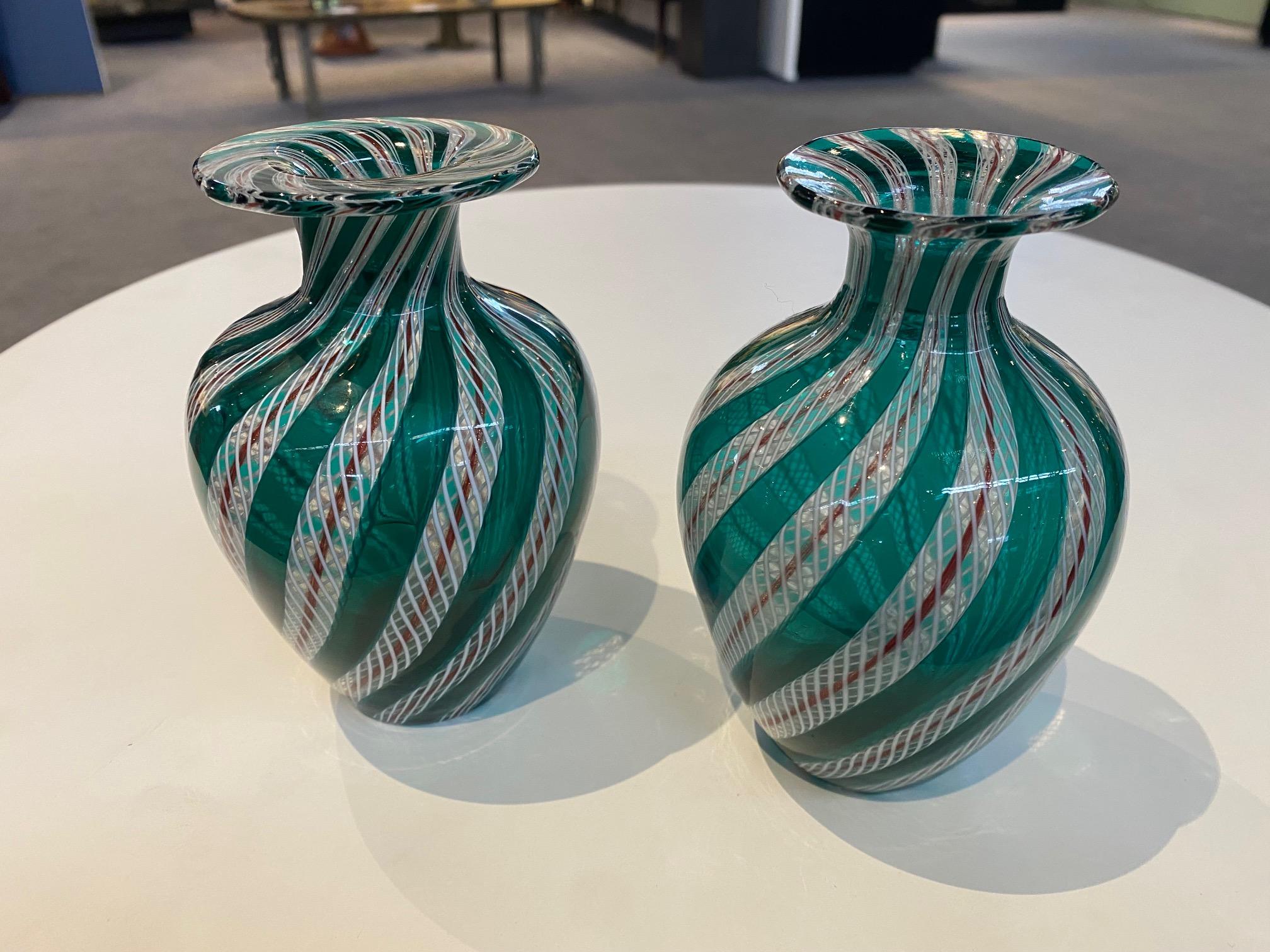
Pair of Green Latticino Murano Glass Vases, circa 1950, 