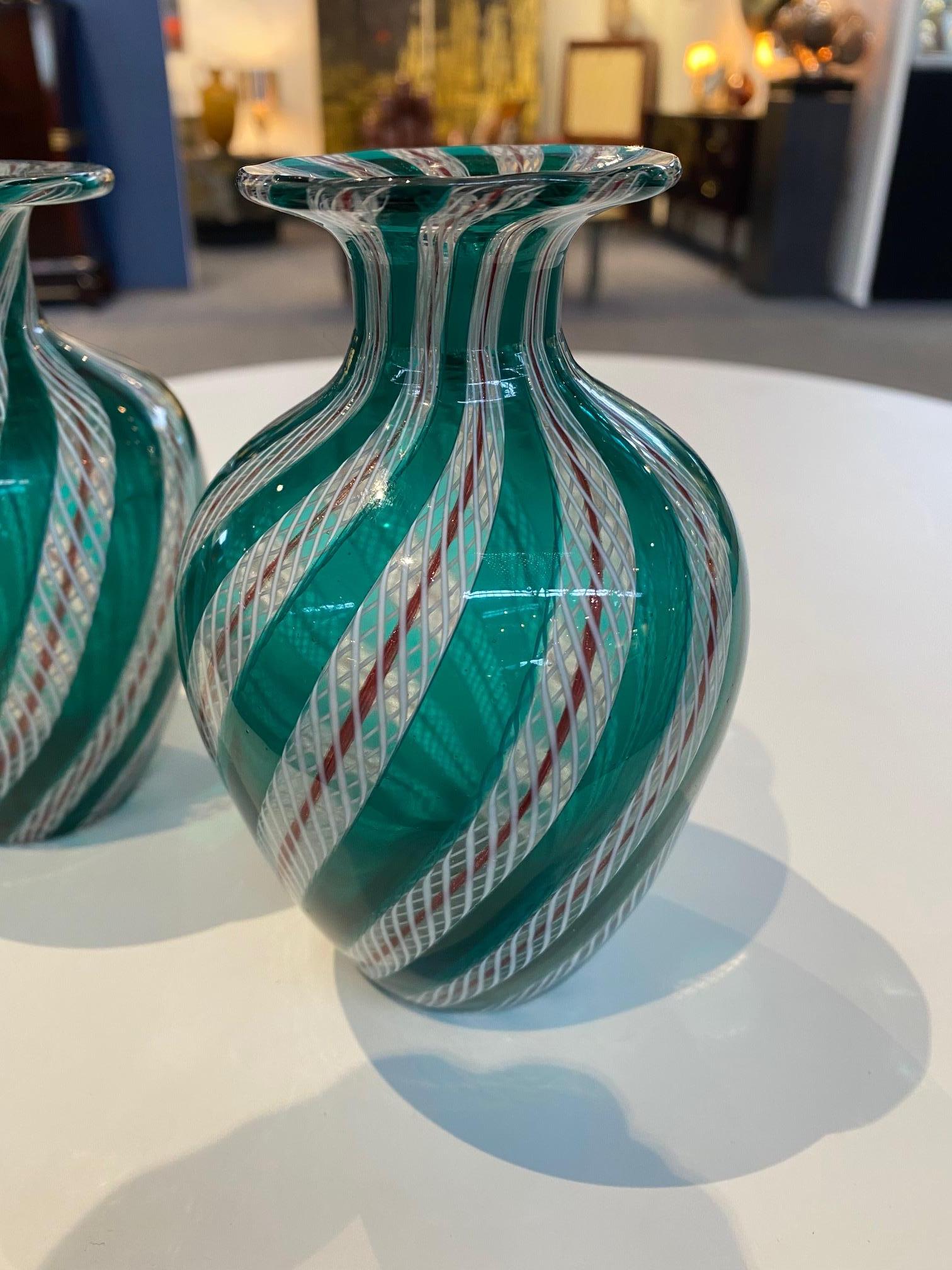 Italian Pair of Green Laticcino Murano Glass Vases For Sale