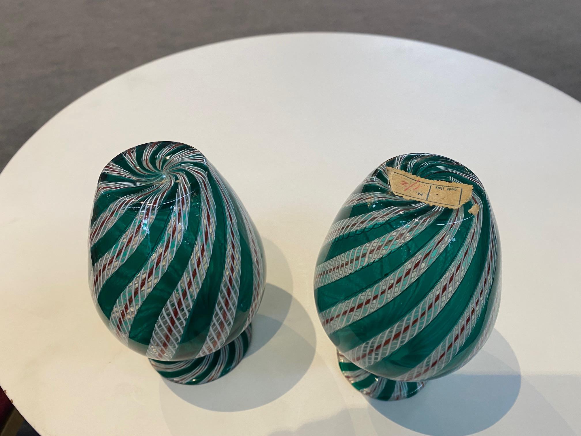Pair of Green Laticcino Murano Glass Vases For Sale 2