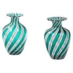 Retro Pair of Green Laticcino Murano Glass Vases