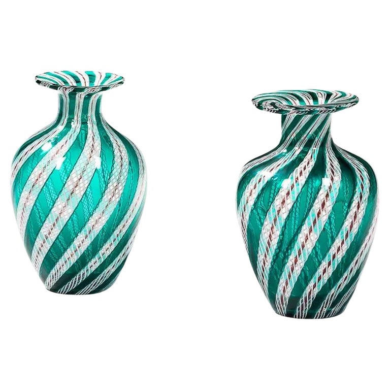 Pair of Green Laticcino Murano Glass Vases For Sale at 1stDibs