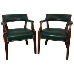 Pair of Green Leather and Mahogany Library Armchairs