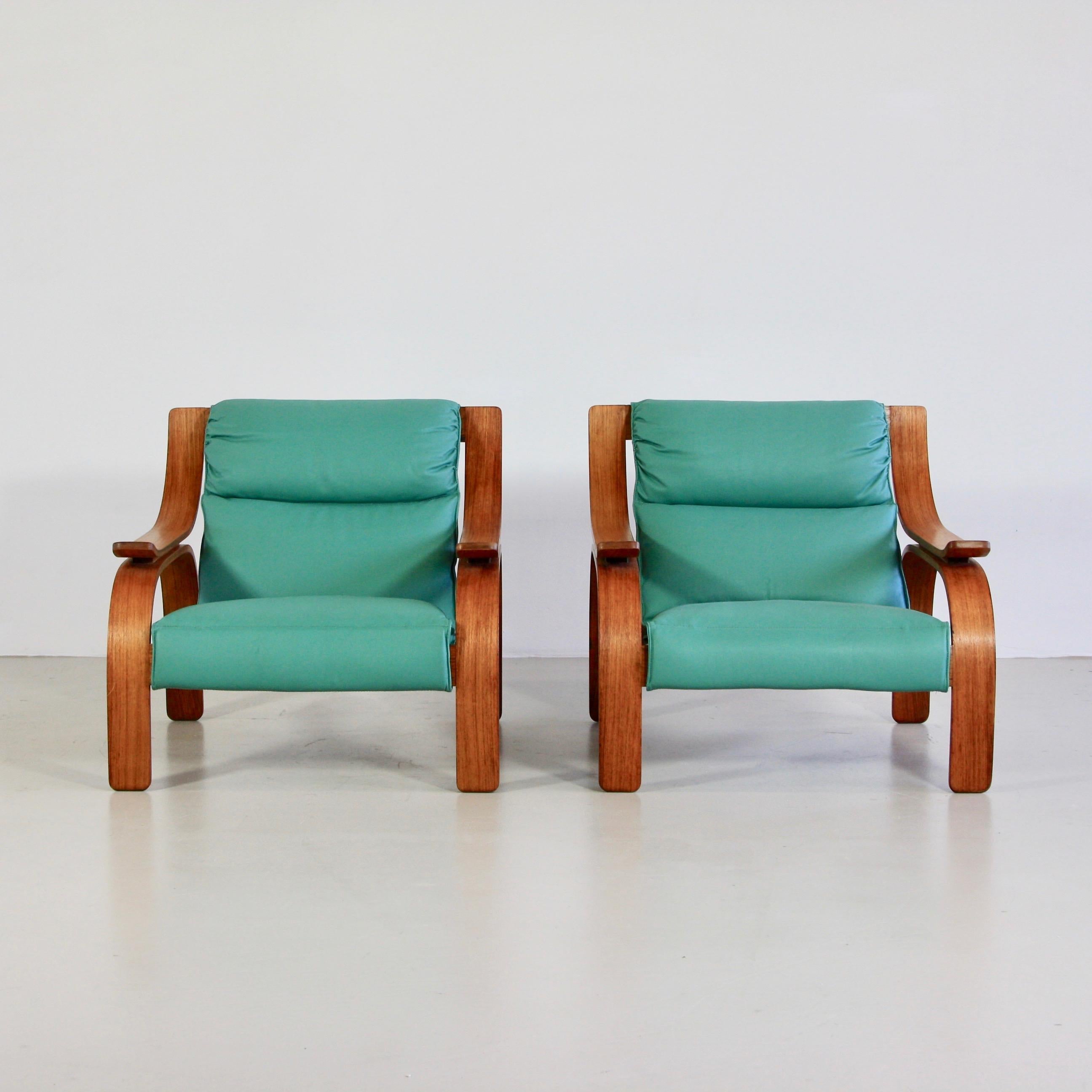 Mid-20th Century Pair of Green Leather Armchairs by Marco Zanuso, 1964 For Sale