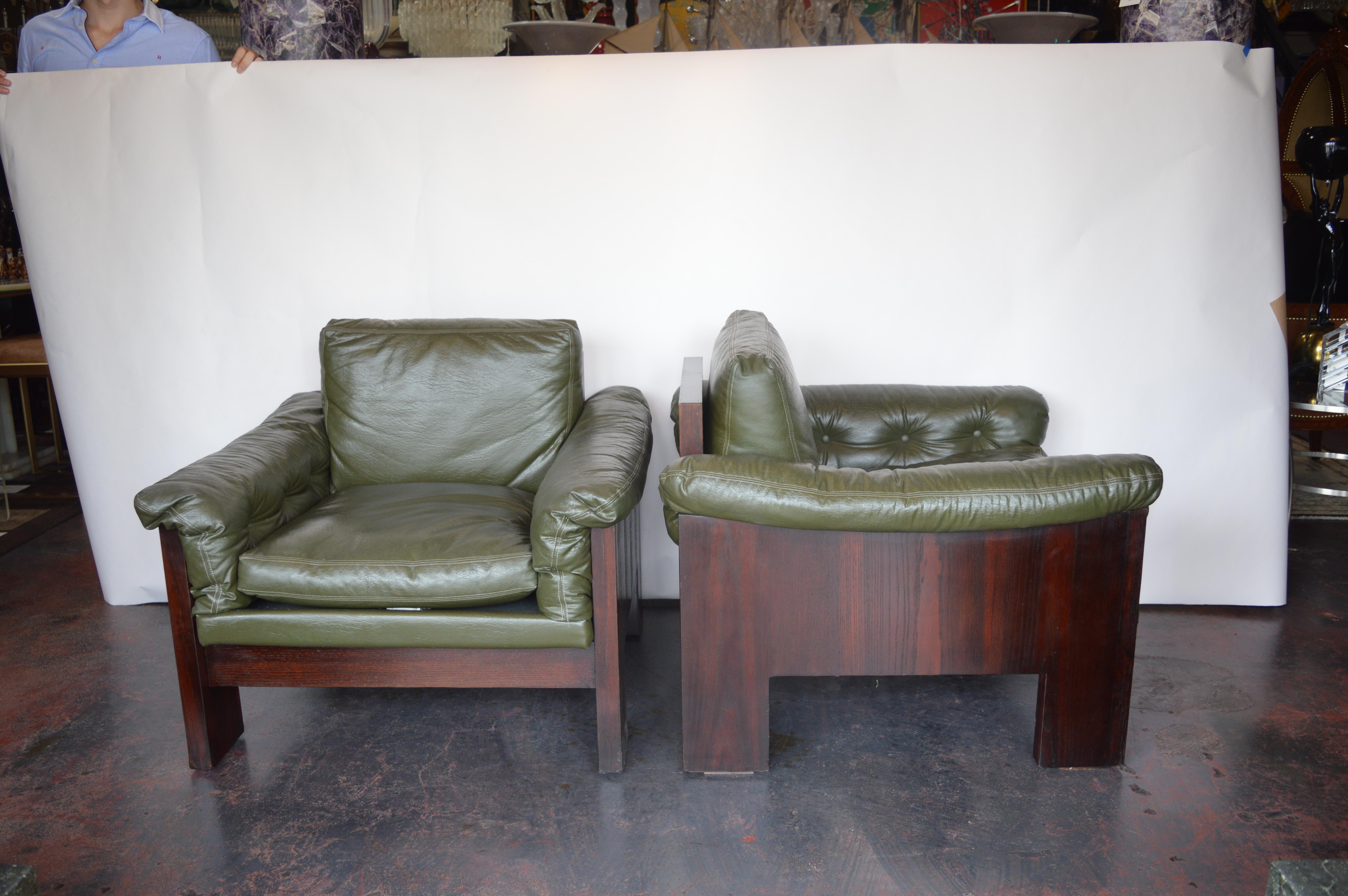 Pair of Green Leather Armchairs Milo Baughman for Thayer Coggin.