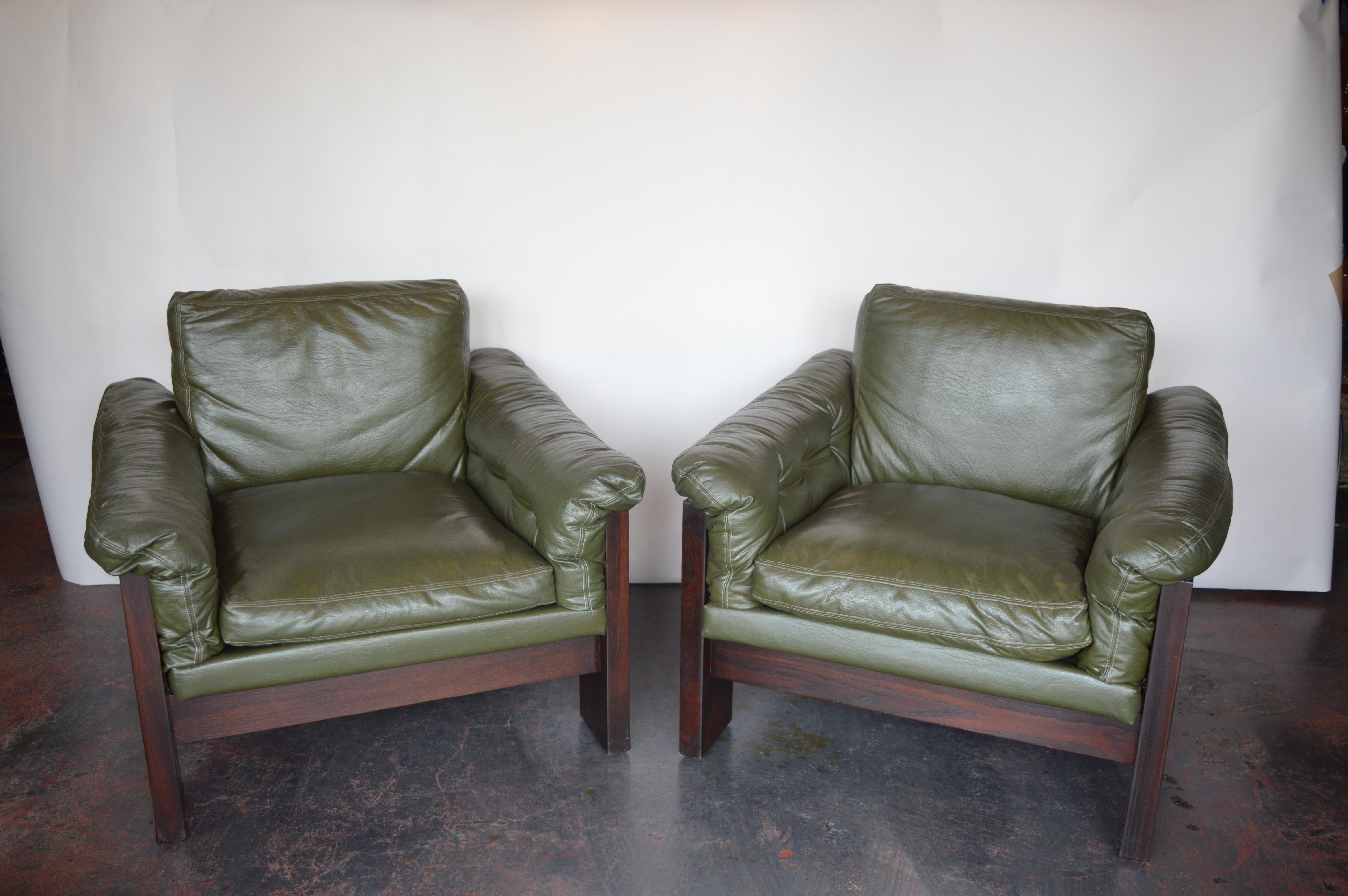 20th Century Pair of Green Leather Armchairs Milo Baughman for Thayer Coggin