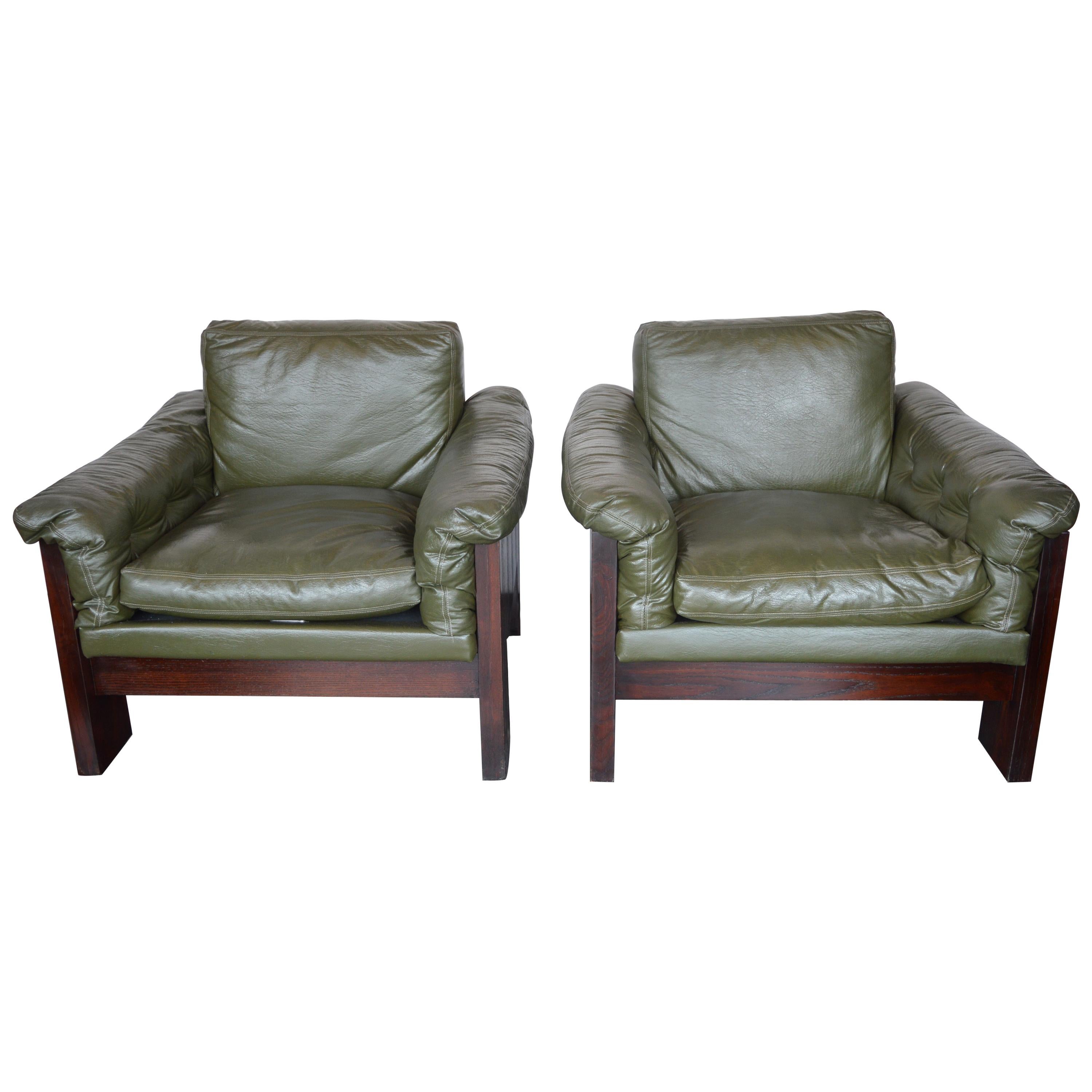 Pair of Green Leather Armchairs Milo Baughman for Thayer Coggin