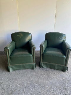 Pair of Green Leather Armchairs with Skirts