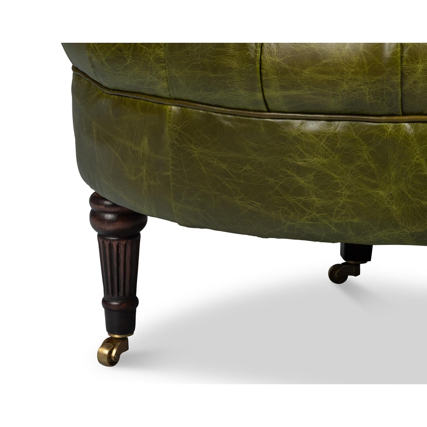 Pair of Green Leather Barrel Back Chairs For Sale 4