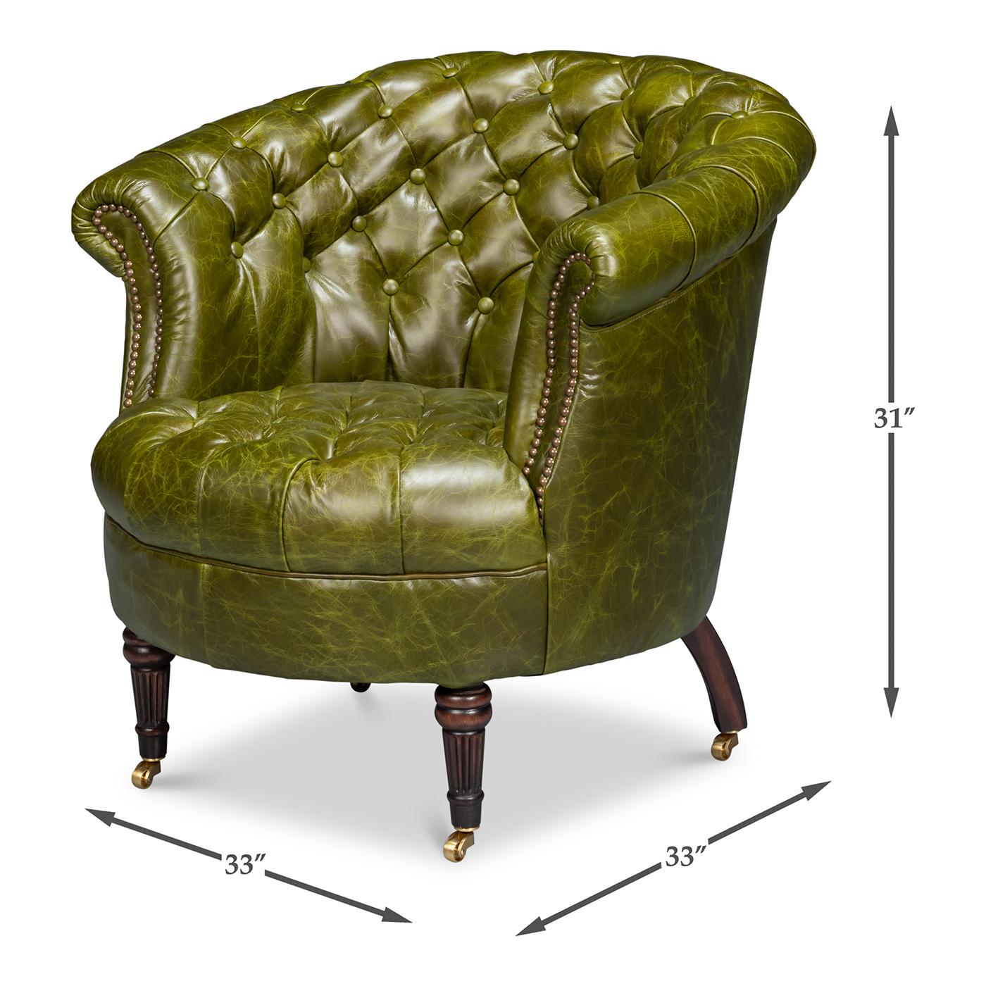 Pair of Green Leather Barrel Back Chairs For Sale 6
