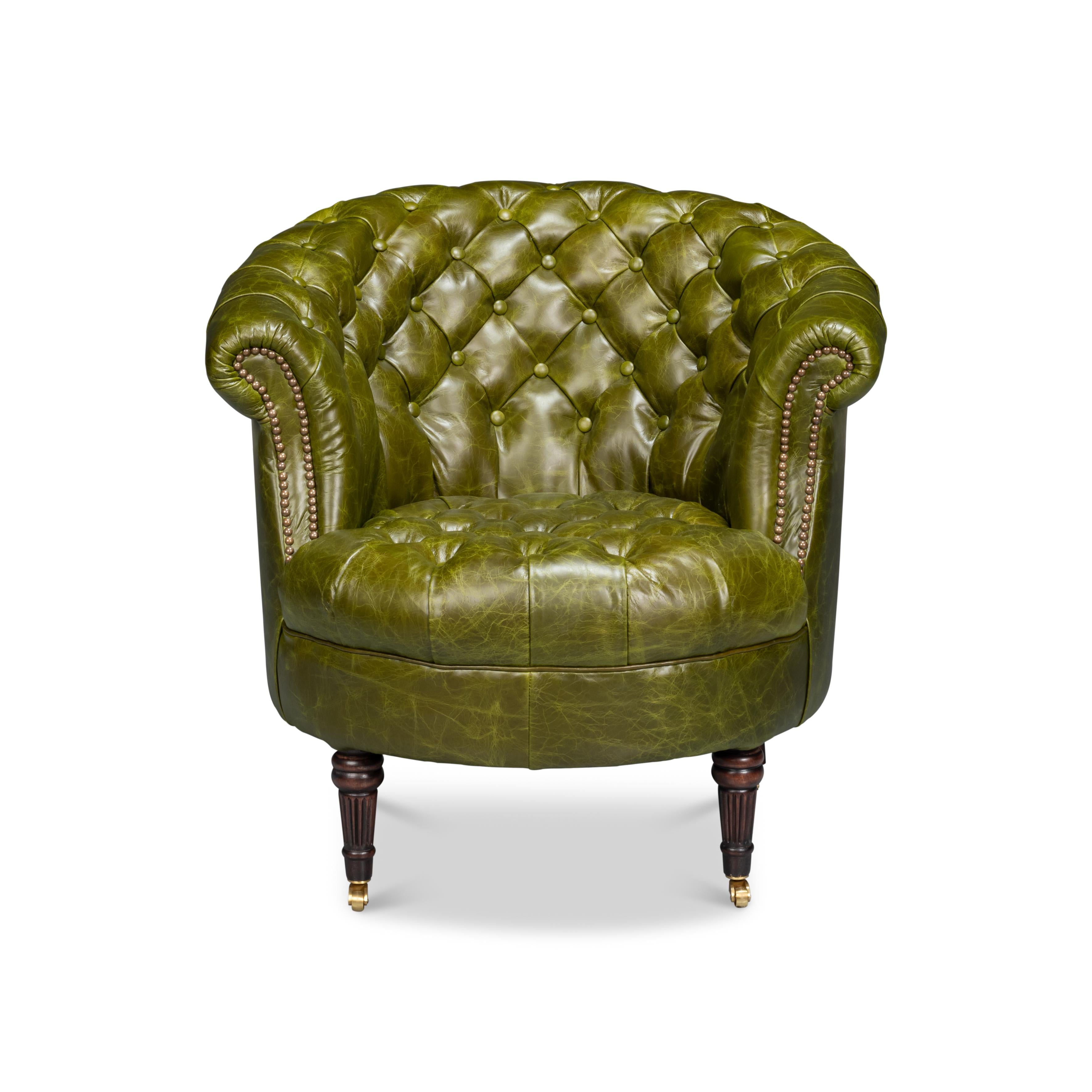 George III Pair of Green Leather Barrel Back Chairs For Sale