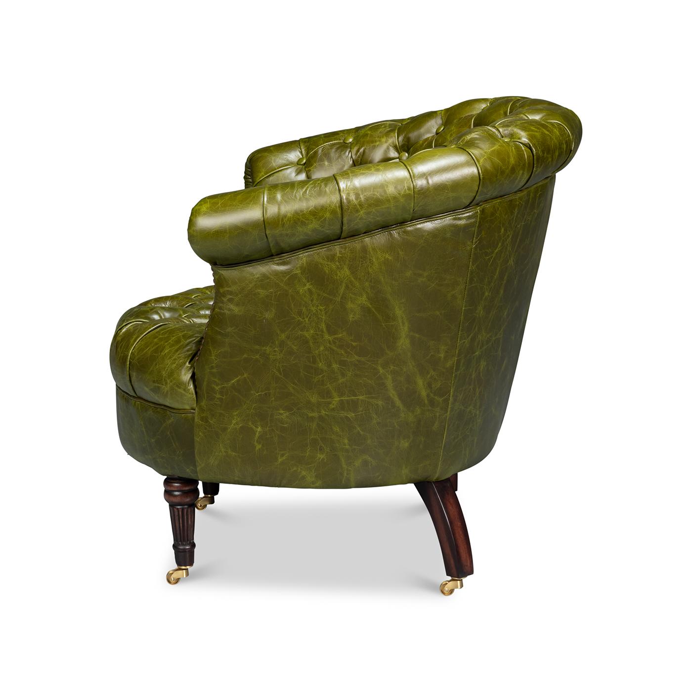 Asian Pair of Green Leather Barrel Back Chairs For Sale
