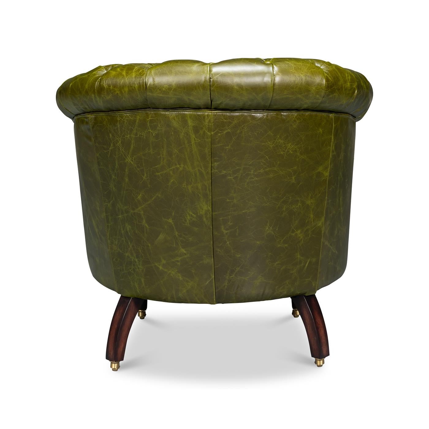 Pair of Green Leather Barrel Back Chairs In New Condition For Sale In Westwood, NJ
