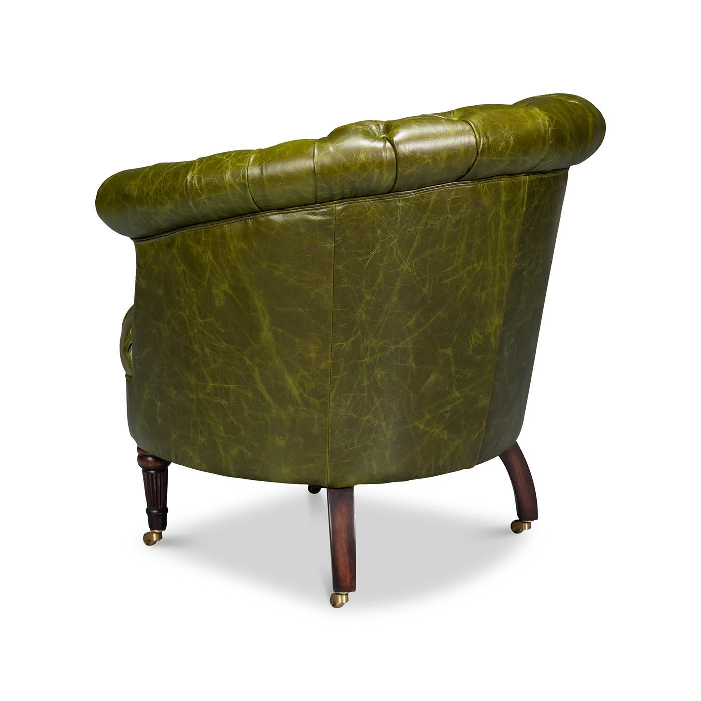 Contemporary Pair of Green Leather Barrel Back Chairs For Sale