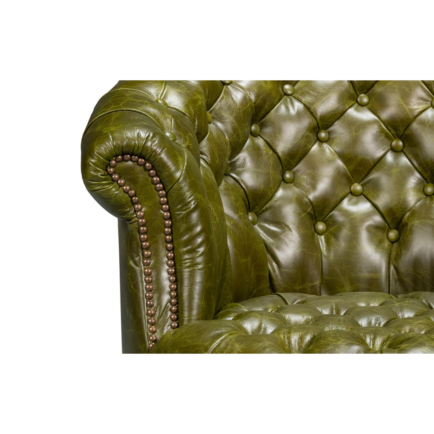 Pair of Green Leather Barrel Back Chairs For Sale 1
