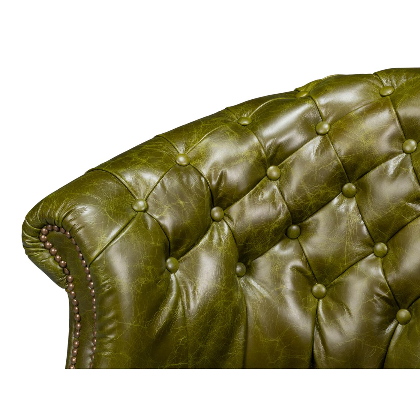 Pair of Green Leather Barrel Back Chairs For Sale 3