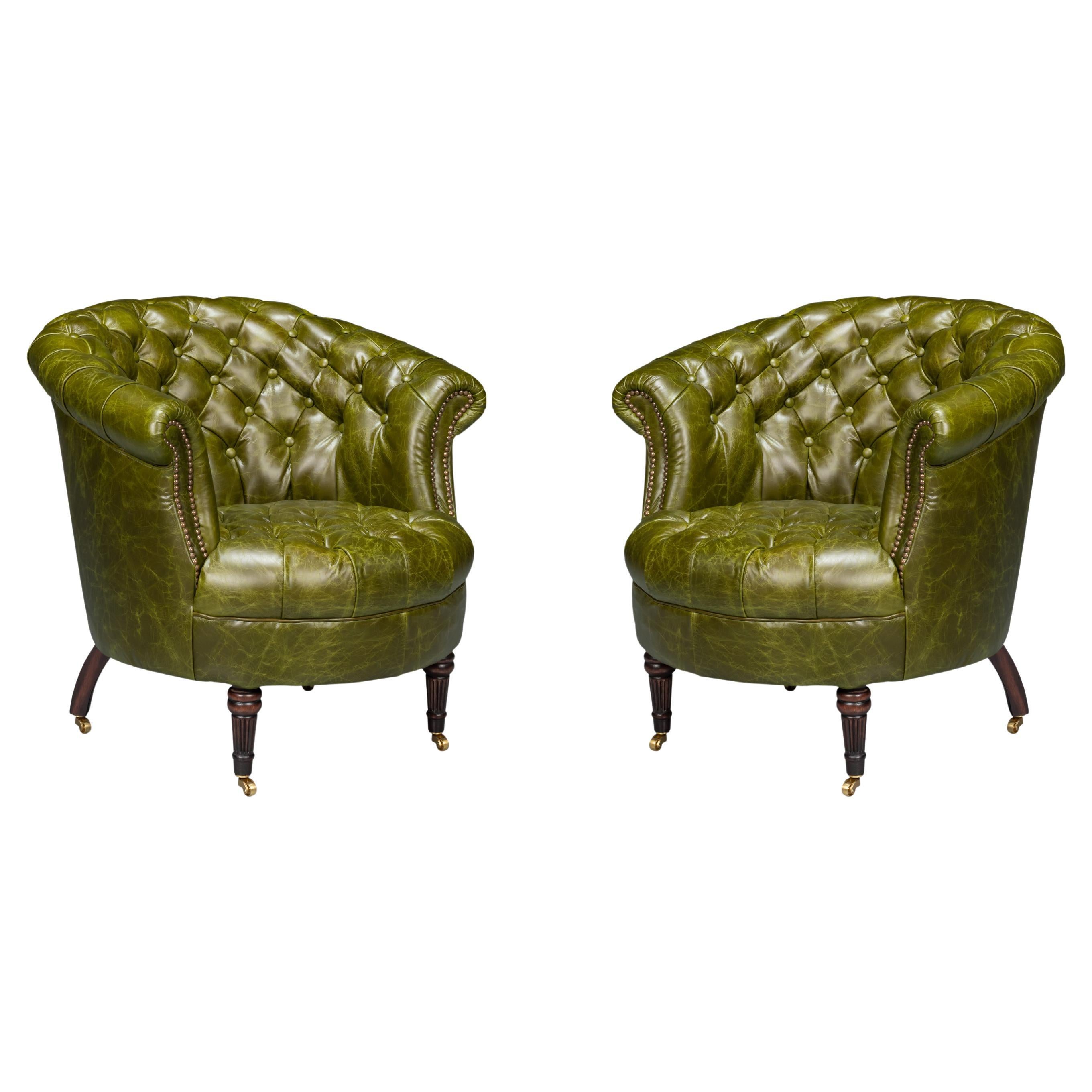 Pair of Green Leather Barrel Back Chairs
