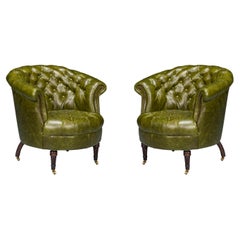 Pair of Green Leather Barrel Back Chairs
