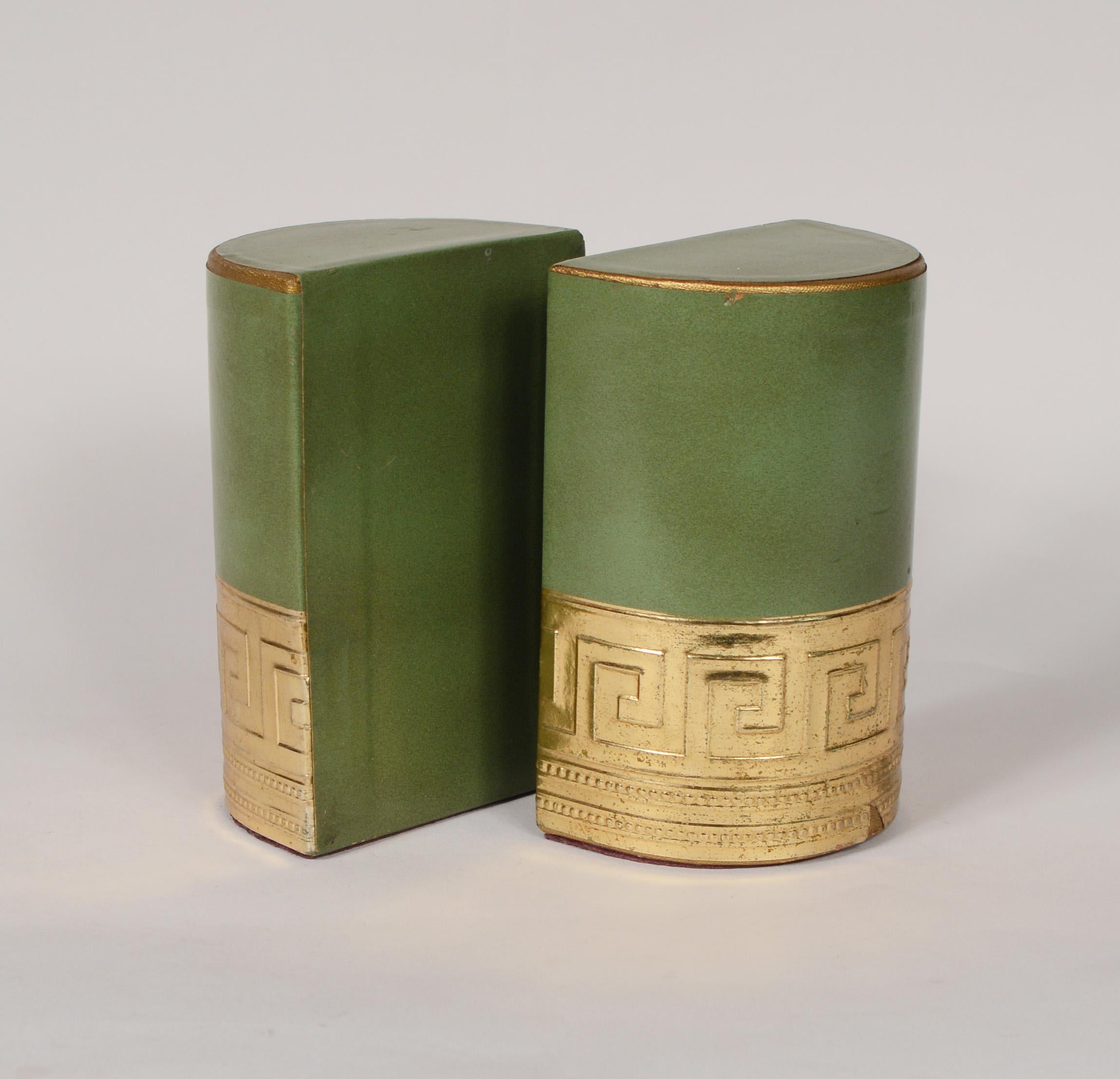 Hollywood Regency Pair of Green Leather Bookends with Greek Key Detail