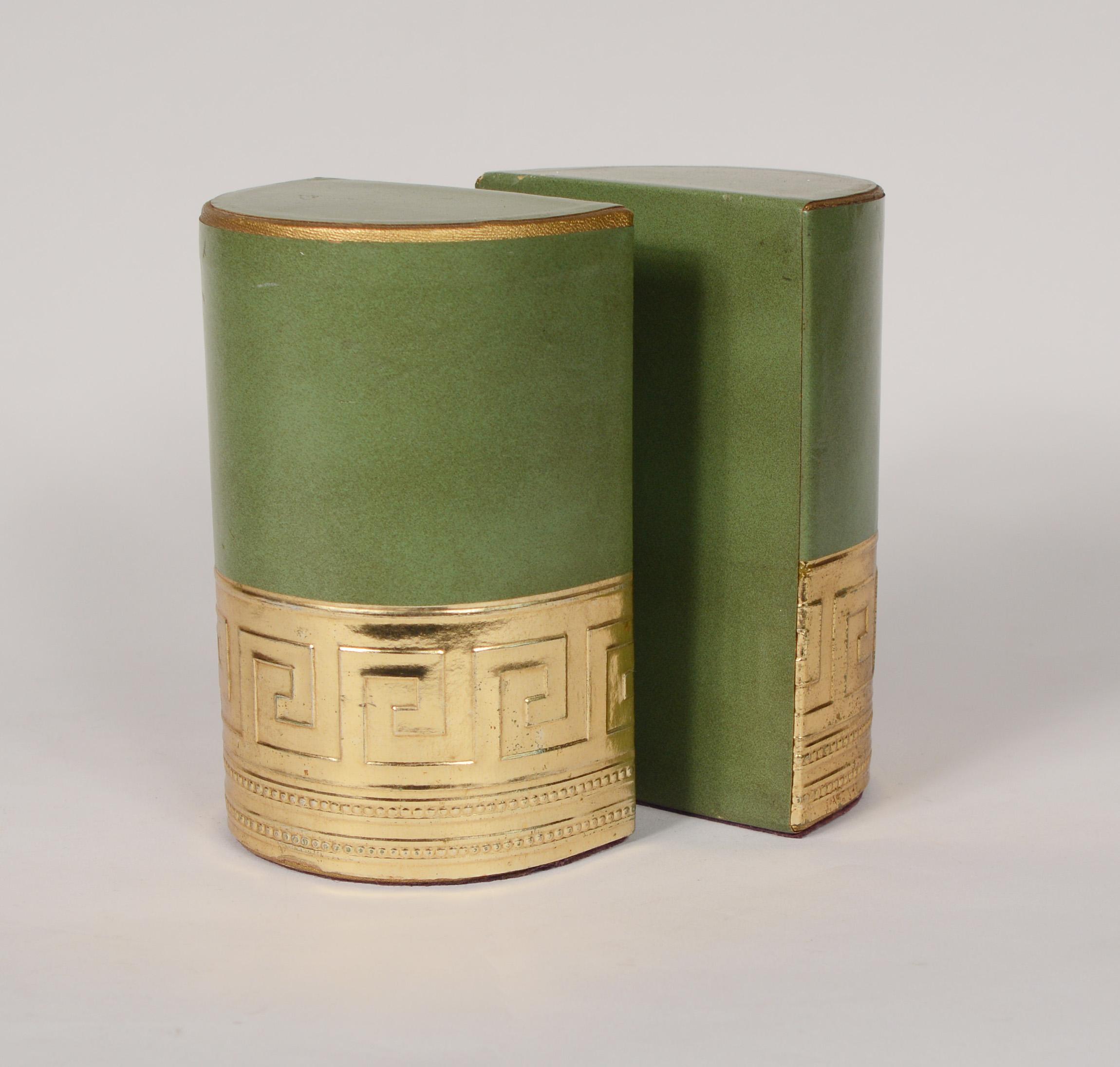 Italian Pair of Green Leather Bookends with Greek Key Detail