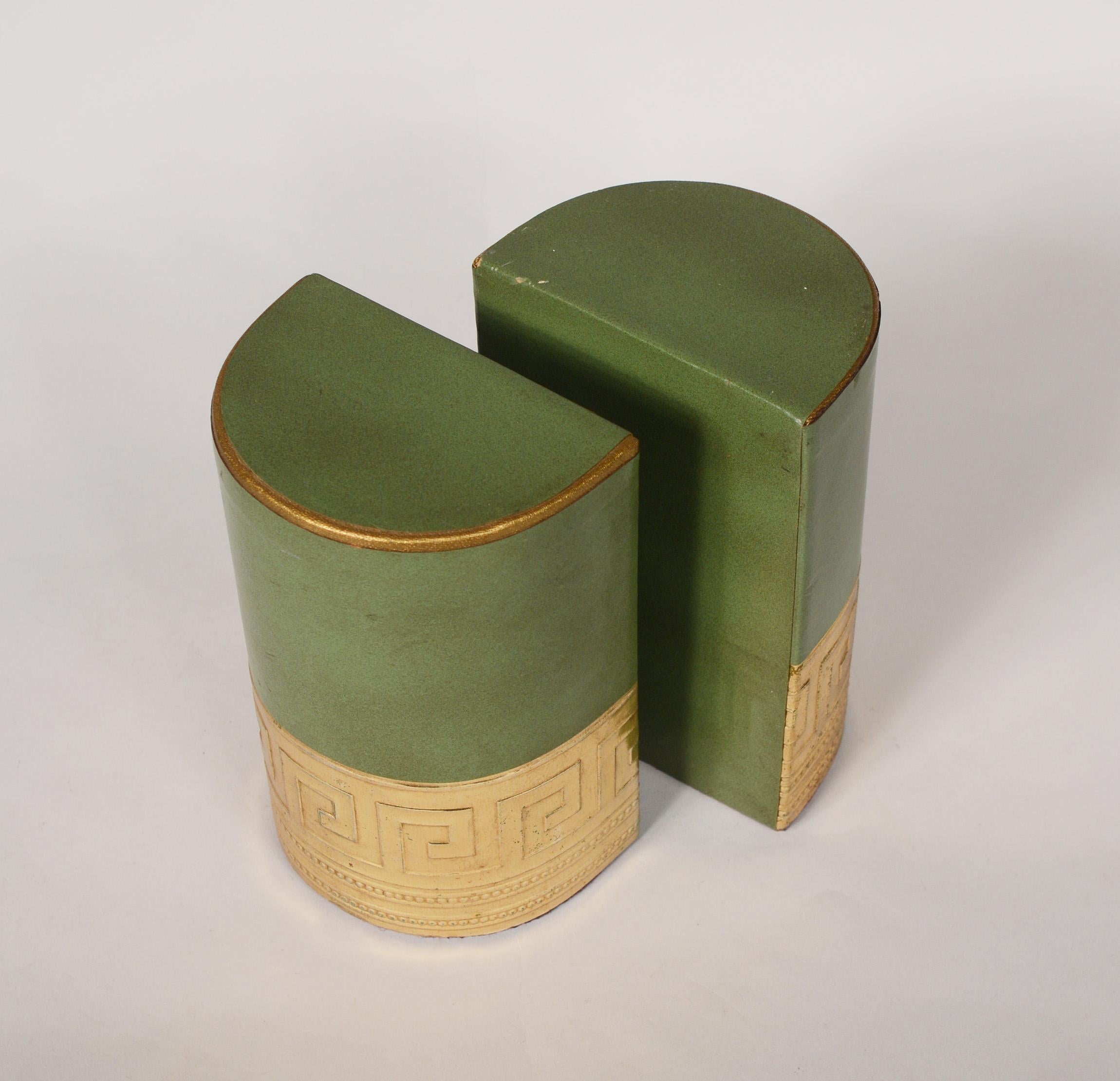 Pair of Green Leather Bookends with Greek Key Detail In Good Condition In San Mateo, CA
