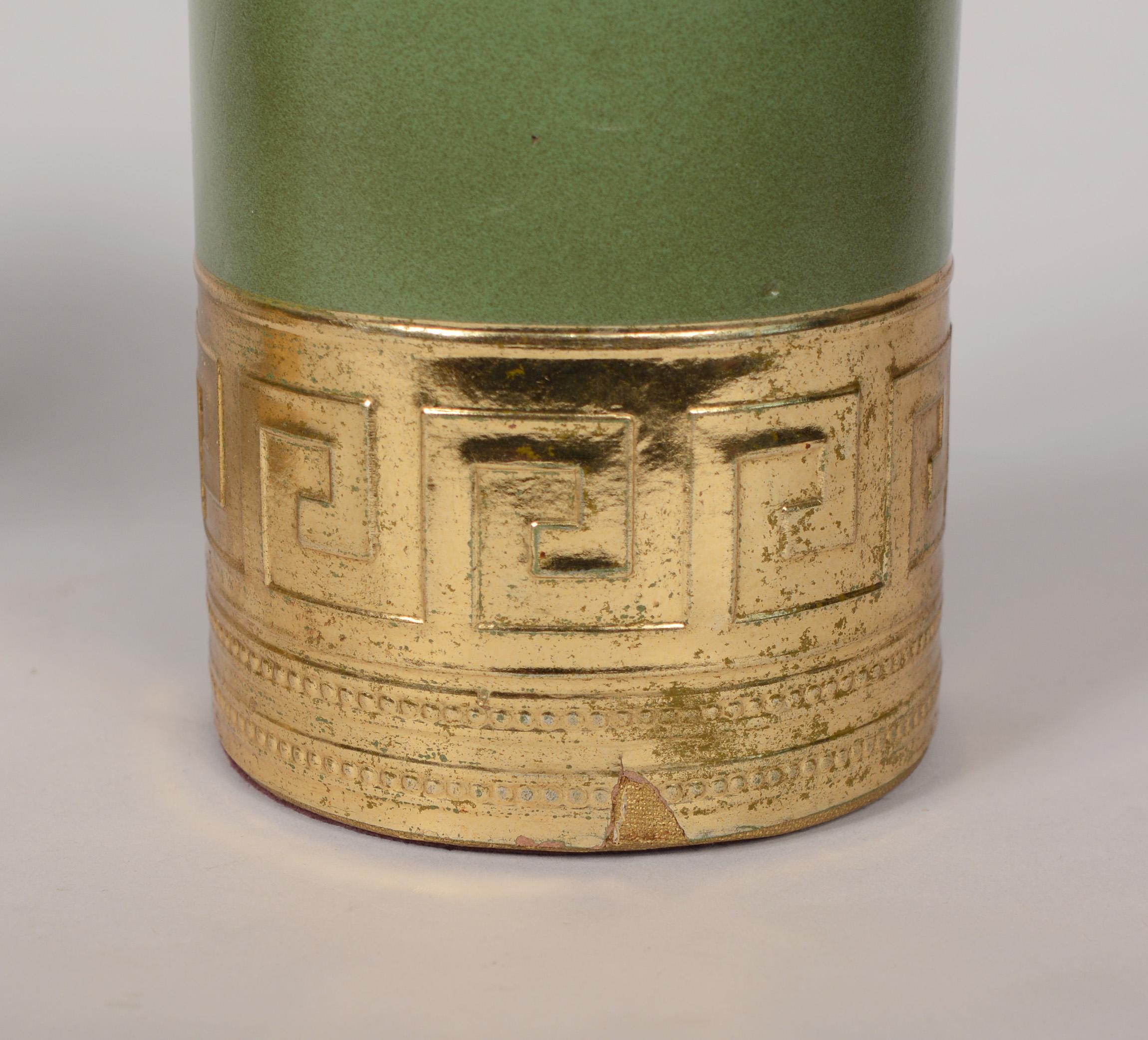 20th Century Pair of Green Leather Bookends with Greek Key Detail