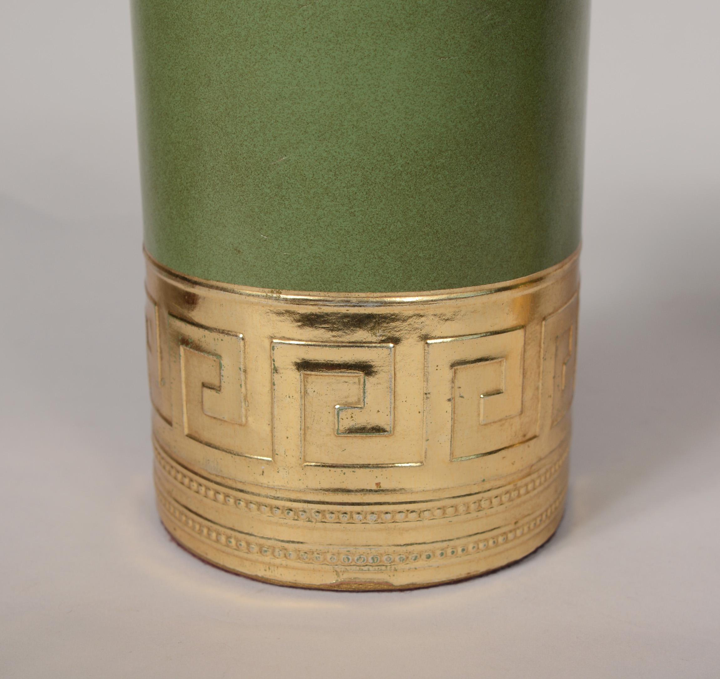 Pair of Green Leather Bookends with Greek Key Detail 1