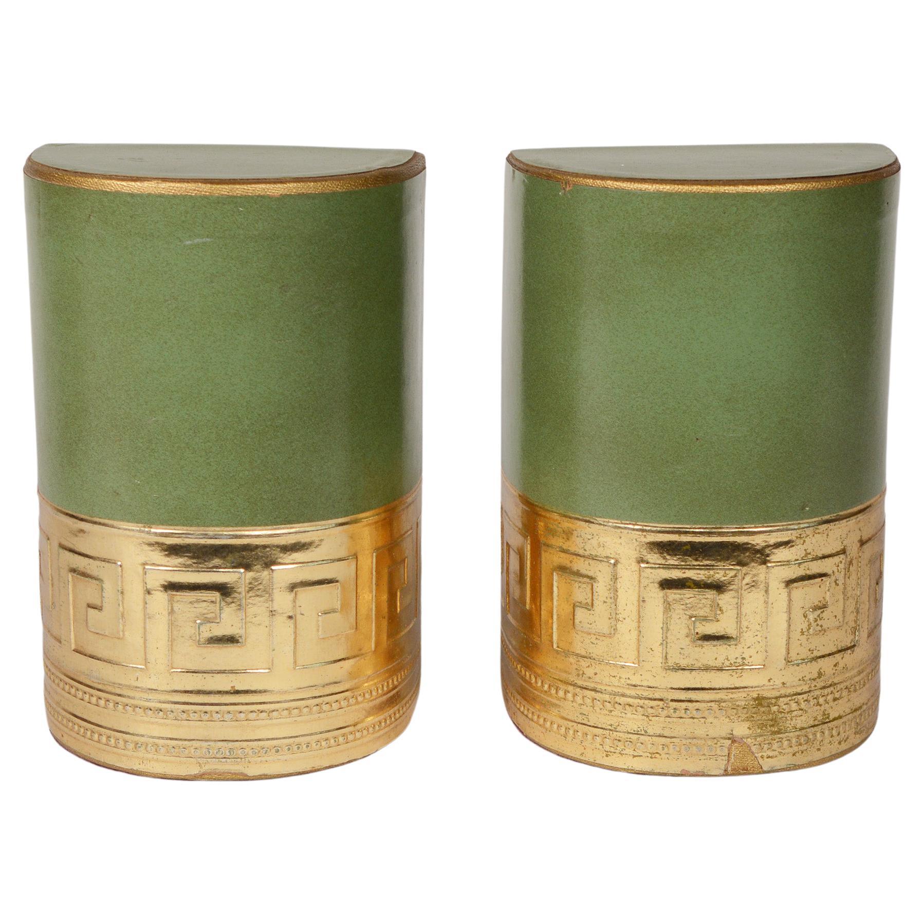 Pair of Green Leather Bookends with Greek Key Detail