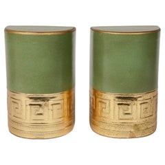 Vintage Pair of Green Leather Bookends with Greek Key Detail