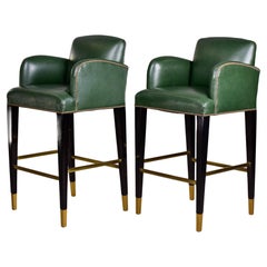 Pair of Green Leather Donghia Bar Height Stools