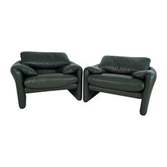 Pair of Green Leather 'Maralunga' Lounge Chairs by Magistretti for Cassina