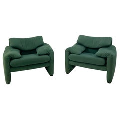 Pair of Green Maralunga Amrchairs by Vico Magistretti for Cassina, 1970s