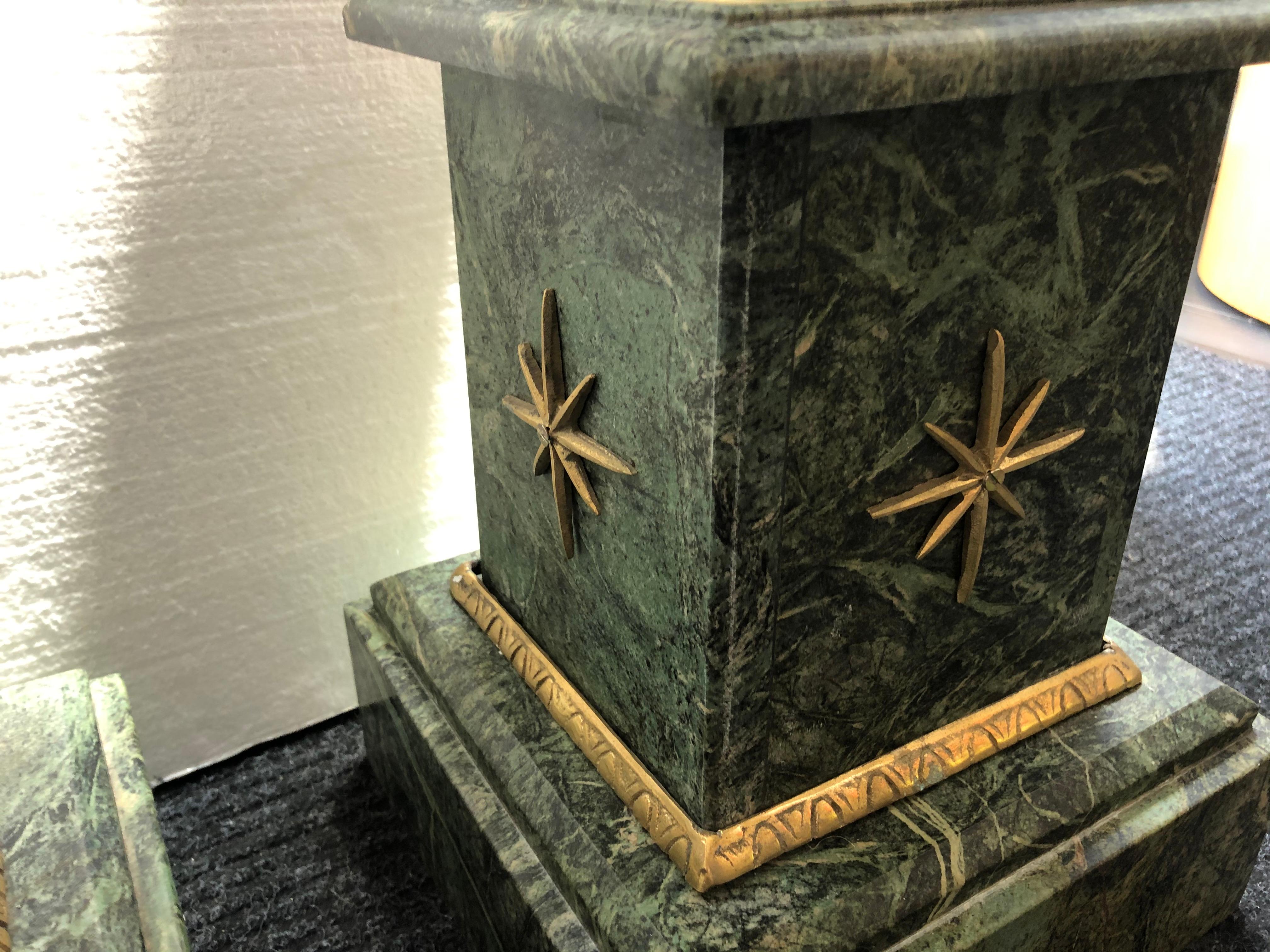 Bronzed Pair of Green Marble Pedestals For Sale