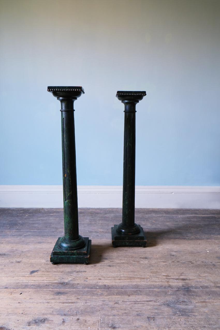 Regency Pair of Green Marble Style Pedestal Columns in Polychromed Wood For Sale