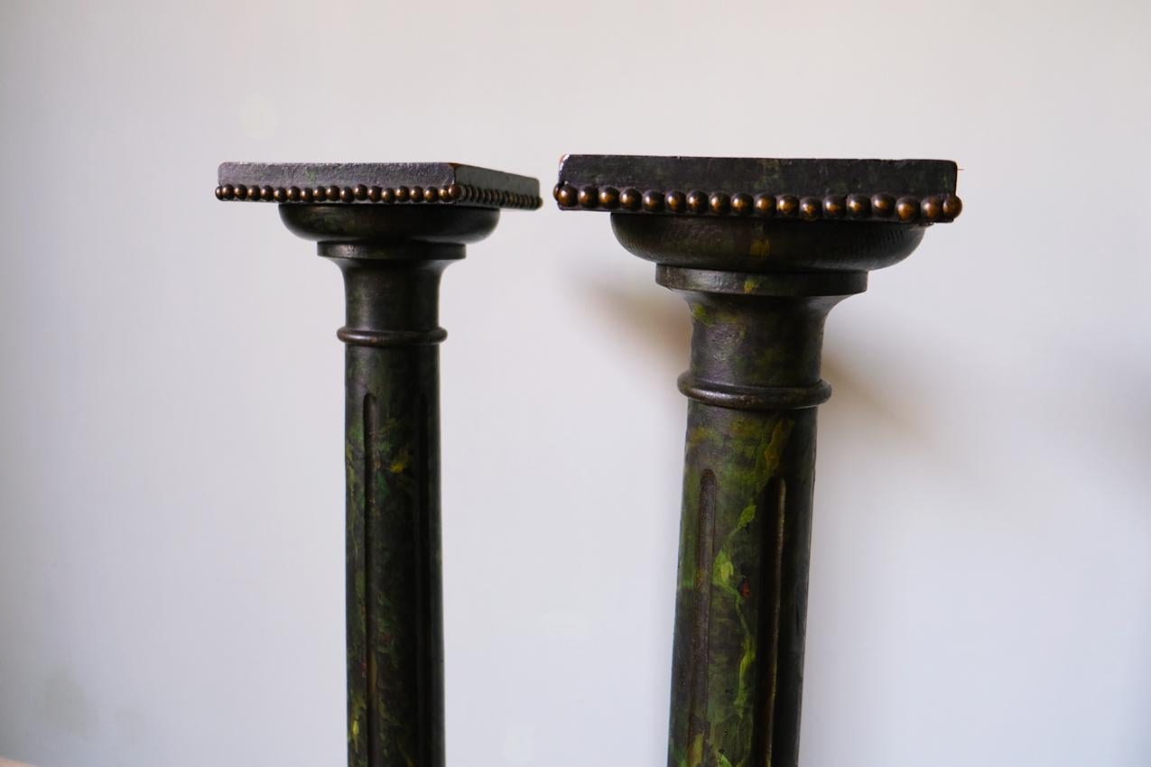 English Pair of Green Marble Style Pedestal Columns in Polychromed Wood For Sale